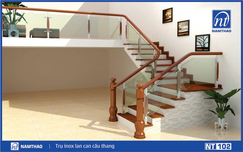 Trụ cầu thang kính ốp gỗ
